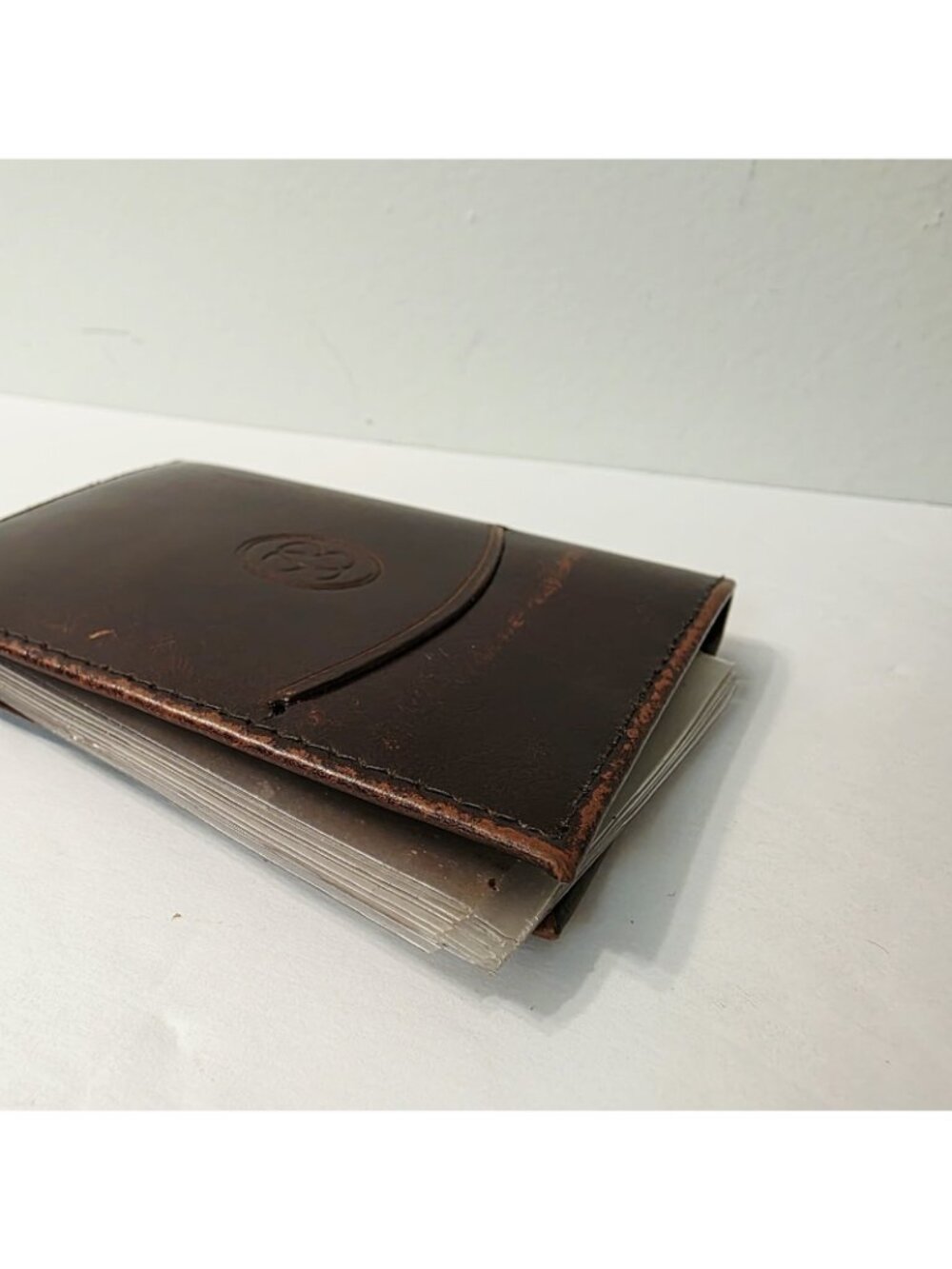Vtg Buxton Brown Leather Swivel Fan Photo Picture Card Wallet Holder 10 Inserts - Picture 2 of 7